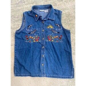 Cabin Creek Top Blue Denim Women Size M Sleeveless Embroidery Dolphin Blouse